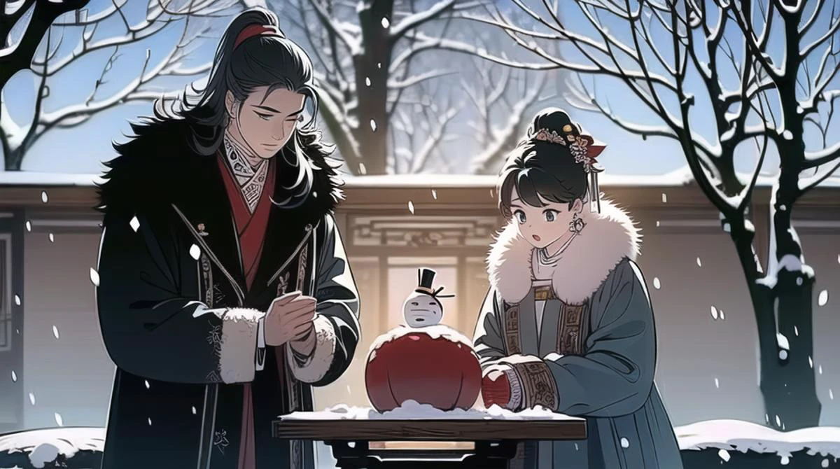 (best quality), ((masterpiece)), (highres), illustration, original, extremely detailed wallpaper,licg, snow, snowman, 1girl, 1boy, chinese clothes, black hair, outdoors, long hair, winter, long sleeves, fur trim, hanfu, snowing, ponytail, jewelry, ribbon, looking down, earrings, blurry, hair ornament
