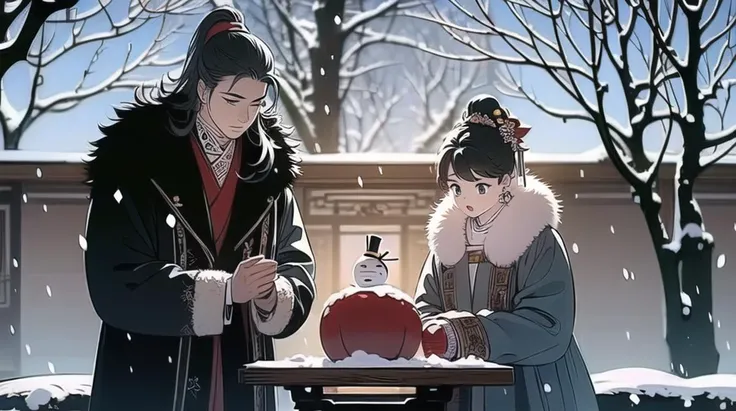 (best quality), ((masterpiece)), (highres), illustration, original, extremely detailed wallpaper,licg, snow, snowman, 1girl, 1boy, chinese clothes, black hair, outdoors, long hair, winter, long sleeves, fur trim, hanfu, snowing, ponytail, jewelry, ribbon, looking down, earrings, blurry, hair ornament