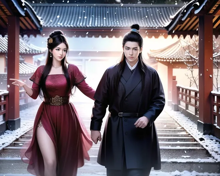 (best quality), ((masterpiece)), (highres), illustration, original, extremely detailed,xs, a couple of people in traditional chinese dress walking in the snow