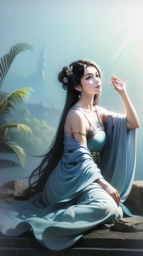 (best quality), ((masterpiece)), (highres), illustration, original, extremely detailed,xs, a woman in a blue dress sitting on a rock