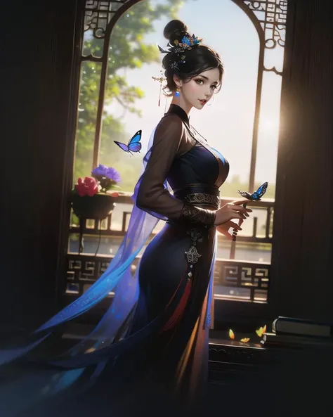 (best quality), ((masterpiece)), (highres), illustration, original, extremely detailed,mlcg, 1girl, bug, jewelry, butterfly, solo, earrings, black hair, dress, book, holding, red lips, book stack, beads, long sleeves, hair ornament, shawl, looking at viewer, updo, makeup, bracelet, artist name, indoors, chinese clothes, window, short hair, butterfly on hand, cup, umbrella, plant, closed mouth, lipstick, breasts, from side, blurry, flower, hair bun, depth of field, day, light particles, transparent, animal, single hair bun, brown eyes