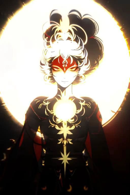 red background, one dry tree, sunlit, lights and shadows, 1girl, top body, close up, face focus, she is yellow glow short hair and gold earrings and red eyes and is wearing golden see-through glow dress shirt and glow azalea-symbol stigmata, black ribbon headband, red face mark, glow radiance, sunlit, weak lights and shadows