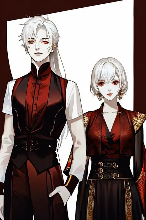 red background, one dry tree, sunlit, lights and shadows, 1girl, 1boy, top body, she is white short hair and gold earrings and red eyes and is wearing black see-through dress shirt, he is white long hair and wearing black West vest with gold patterns, red background