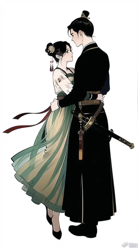 (best quality), ((masterpiece)), (highres), illustration, original, extremely detailed,licg, 1girl, 1boy, sword, black hair, weapon, long hair, hug, single hair bun, hair bun, white background, dress, long sleeves, full body, chinese clothes, holding, sheath, holding sword, simple background, holding weapon, hair ornament