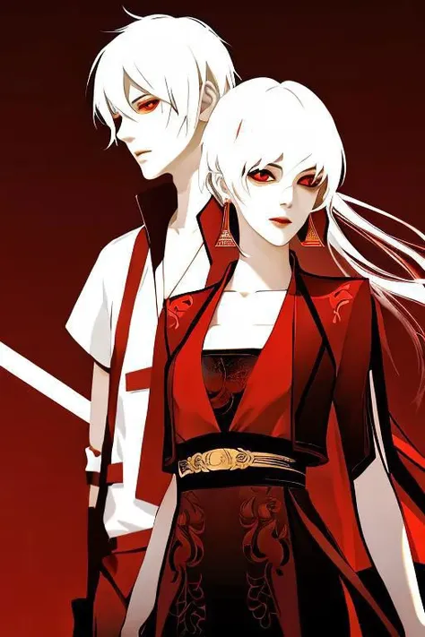 red background, one dry tree, sunlit, lights and shadows, 1girl, 1boy, top body, she is white short hair and gold earrings and red eyes and is wearing black see-through dress shirt, he is white long hair and wearing golden West vest, red background