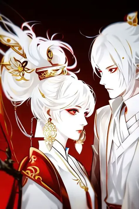 red background, one dry tree, sunlit, lights and shadows, 1girl, 1boy, top body, close up,, she is white short hair and gold earrings and red eyes and is wearing dress shirt, he is white long hair and wearing (West vest),