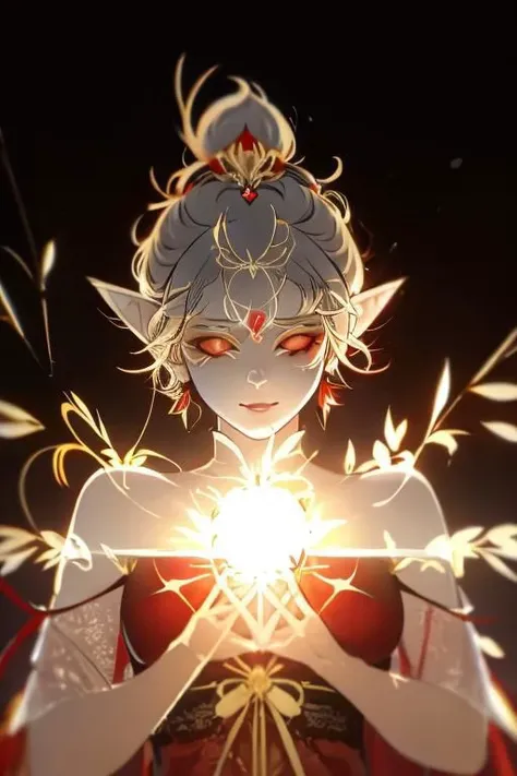 red background, one dry tree, sunlit, lights and shadows, 1girl, top body, close up, face focus, fairy elf, golden glow short hair and gold dreamcatcher earrings and red eyes and is wearing golden see-through glow dress shirt and glow azalea-symbol stigmata, black ribbon headband, red face mark, god fairy elf, glow radiance, glow flower petals, forest, sunlit, weak lights and shadows,
