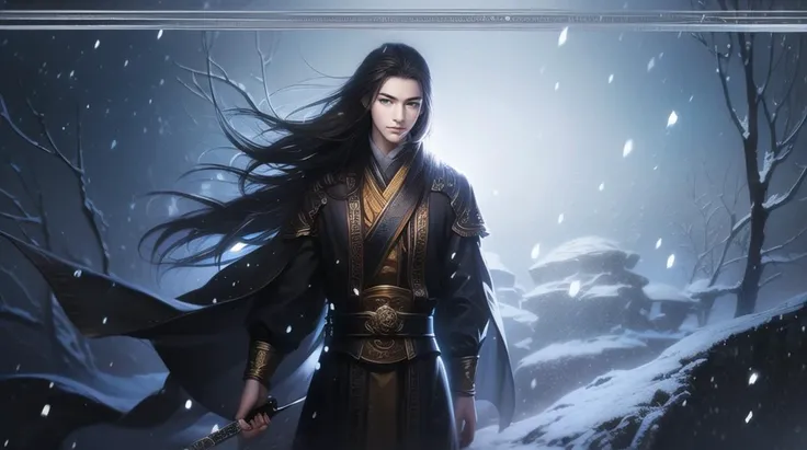 (best quality), ((masterpiece)), (highres), illustration, original, extremely detailed,qtcg, 1boy, solo, male focus, weapon, long hair, snow, sword, brown hair, tree