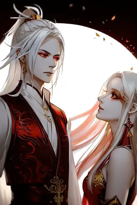 red background, one dry tree, sunlit, lights and shadows, 1girl, 1boy, top body, close up,, she is white short hair and gold earrings and red eyes and is wearing dress shirt, he is white long hair and wearing (West vest),