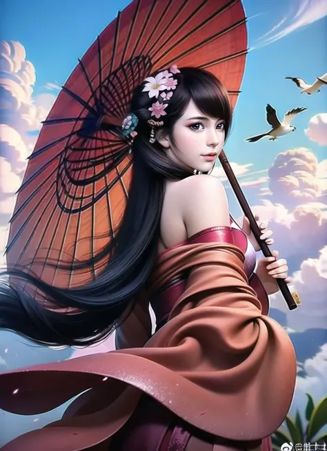 (best quality), ((masterpiece)), (highres), illustration, original, extremely detailed,yxcg, 1girl, umbrella, solo, hair ornament, sky, japanese clothes, long hair, brown hair, flower, hair flower, oil-paper umbrella, cloud, blue sky, kimono, cherry blossoms, bird, looking at viewer, day, bare shoulders, petals, looking back