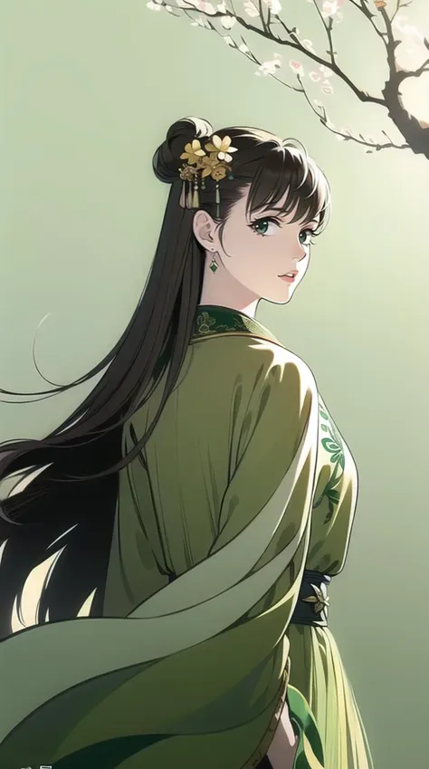 (best quality), ((masterpiece)), (highres), illustration, original, extremely detailed,licg, long hair, long sleeves, 1girl, branch, long hair, solo, green dress, flower, brown hair, dress, hair ornament, chinese clothes, upper body, teeth, long sleeves, green background, looking at viewer