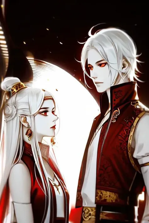 red background, one dry tree, sunlit, lights and shadows, 1girl, 1boy, top body, close up,, she is white short hair and gold earrings and red eyes and is wearing dress shirt, he is white long hair and wearing (West vest),