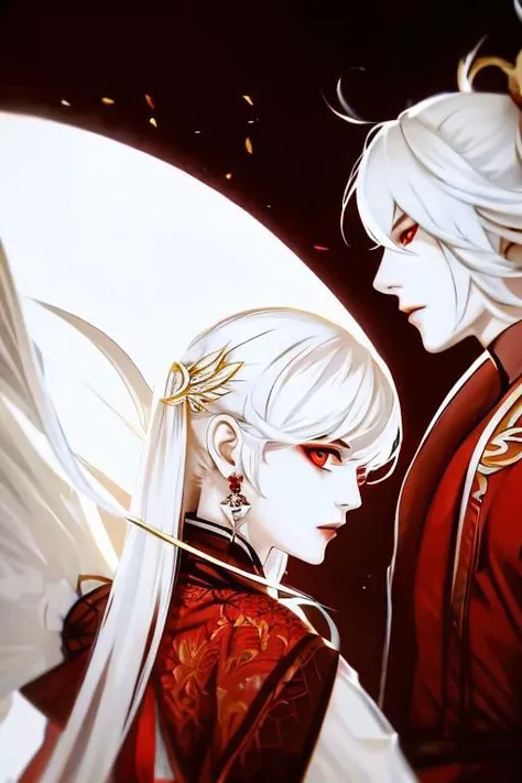 red background, one dry tree, sunlit, lights and shadows, 1girl, 1boy, top body, close up,, she is white short hair and gold earrings and red eyes and is wearing dress shirt, he is white long hair and wearing (West vest),