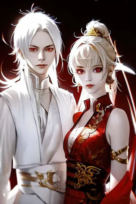red background, one dry tree, sunlit, lights and shadows, 1girl, 1boy, top body, close up,, she is white short hair and gold earrings and red eyes and is wearing dress shirt, he is white long hair and wearing (West vest),