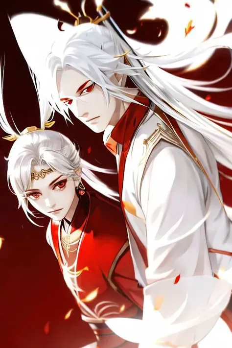 red background, one dry tree, sunlit, lights and shadows, 1girl, 1boy, top body, close up,, she is white short hair and gold earrings and red eyes and is wearing dress shirt, he is white long hair and wearing (West vest),