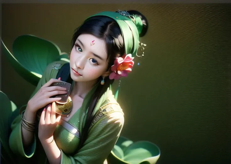 (best quality), ((masterpiece)), (highres), illustration, original, extremely detailed,gfcg,a woman in a green dress holding a flower