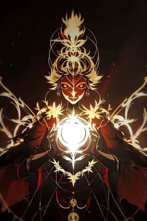 red background, one dry tree, sunlit, lights and shadows, 1girl, top body, close up, face focus, golden glow short hair and gold dreamcatcher earrings and red eyes and is wearing golden see-through glow dress shirt and glow azalea-symbol stigmata, black ribbon headband, red face mark, glow radiance, sunlit, weak lights and shadows