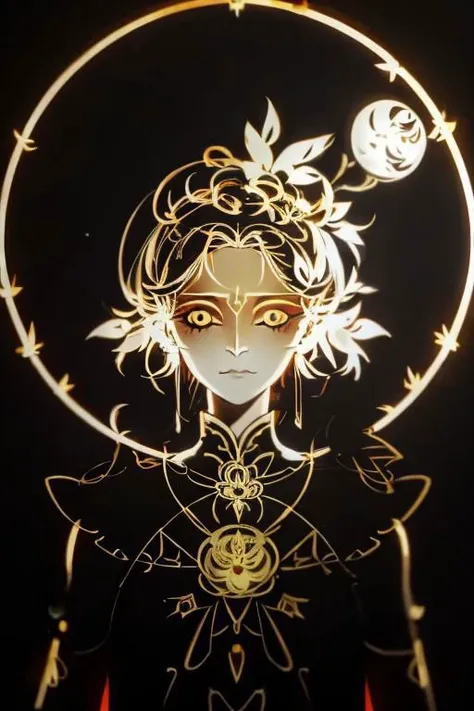 red background, one dry tree, sunlit, lights and shadows, 1girl, top body, close up, face focus, golden glow short hair and gold dreamcatcher earrings and red eyes and is wearing golden see-through glow dress shirt and glow azalea-symbol stigmata, black ribbon headband, red face mark, glow radiance, sunlit, weak lights and shadows