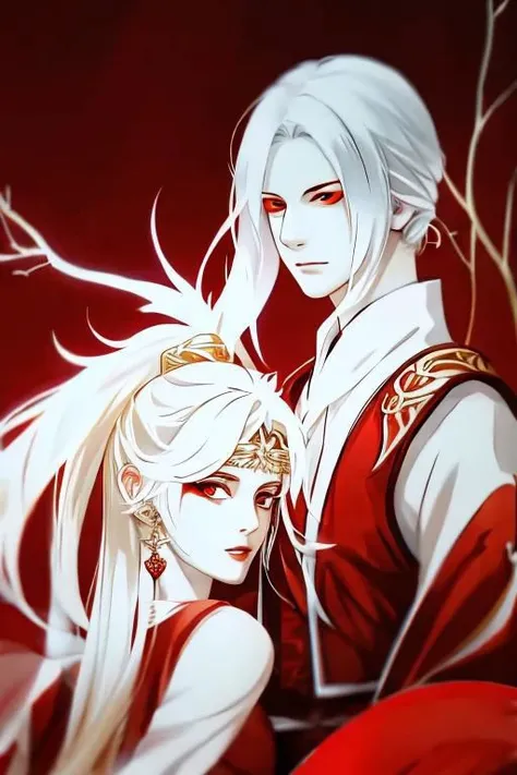 red background, one dry tree, sunlit, lights and shadows, 1girl, 1boy, top body, close up,, she is white short hair and gold earrings and red eyes and is wearing dress shirt, he is white long hair and wearing (West vest),