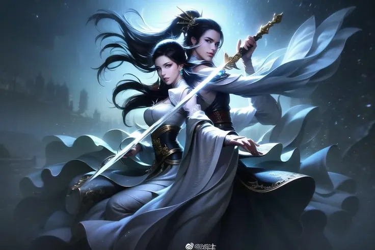 (best quality), ((masterpiece)), (highres), illustration, original, extremely detailed,yxcg, 1girl, jewelry, black hair, earrings, looking at viewer, dress, weapon, sword, white dress, holding, long sleeves, necklace, holding weapon, 1boy, holding sword, hair ornament, teeth