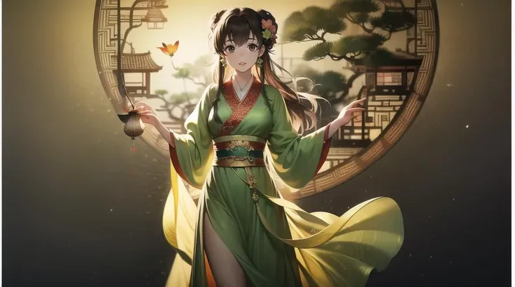 (best quality), ((masterpiece)), (highres), illustration, original, extremely detailed,licg,1girl, long hair, lantern, hair ornament, flower, brown hair, solo, dress, green dress, chinese clothes, sash, hair flower <lora:GFJXQ-000006:0.8>