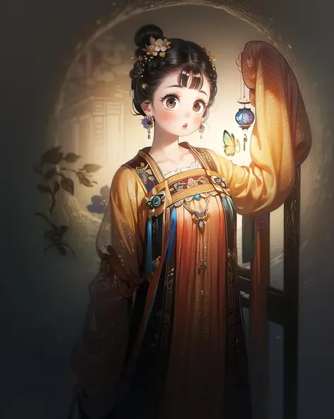 (best quality), ((masterpiece)), (highres), illustration, original, extremely detailed,mlcg, 1girl, chinese clothes, long sleeves, jewelry, light particles, glowing, hair ornament, earrings, robe, bangs, black hair, bug, looking away, solo, shawl, makeup, beads, eyelashes, red lips, wide sleeves, hanfu, standing, hair bun, sleeves past wrists, hair beads, :o, holding, tassel, blush, parted lips, lantern, butterfly<lora:GFJXQ-000006:0.8>