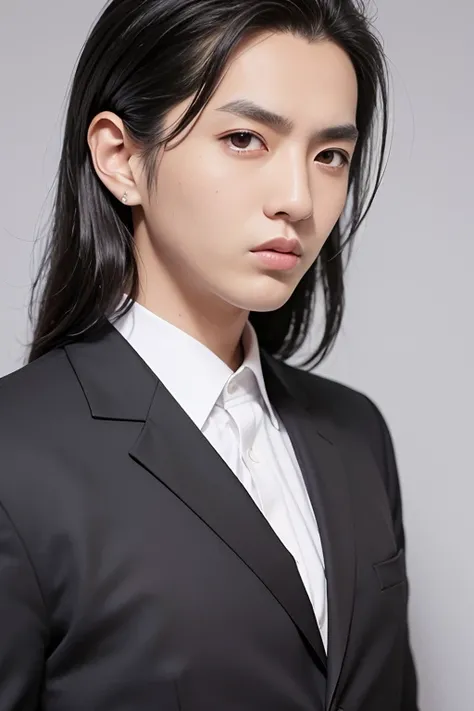 best quality, masterpiece, highres, artist_name, asian, black_hair, black_jacket, black_necktie, brown_eyes, collared_shirt, formal, grey_background, lips, looking_at_viewer, necktie, nose, realistic, shirt, solo, suit, upper_body, white_shirt, wing_collar