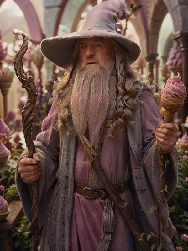 Barbie Gandalf, happy smile, (best quality:1.5), highly detailed, (perfectly drawn face three radiant eyes), masterpiece, dramatic photo, upper body showing, pink clothes, beard, hat, staff in hand, far shot, realistic, RAW photo, amateur, masterpiece, 3d, cinematic lighting, <lora:Gandalf il Grigio:0.8> gandalf <lora:GelatoStyle:0.8> GelatoStyle, pink theme