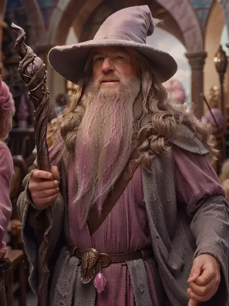 Barbie Gandalf, happy smile, (best quality:1.5), highly detailed, (perfectly drawn face three radiant eyes), masterpiece, dramatic photo, upper body showing, pink clothes, beard, hat, staff in hand, far shot, realistic, RAW photo, amateur, masterpiece, 3d, cinematic lighting, <lora:Gandalf il Grigio:0.8> gandalf <lora:GelatoStyle:0.8> GelatoStyle, pink theme