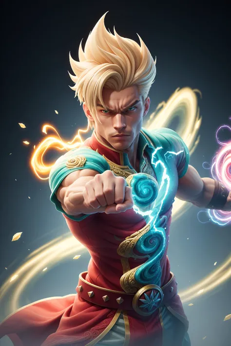 <lora:GelatoStyle:0.75>GelatoStyle:0.75, solo, masterpiece, best quality, perfect face, medium shot of a Pacific man with a slim body. As a Elemental warrior with spiky hair:0.75 light blonde hair with auburn streaks, (surrounded by intense swirling magical energy:1.2), dominant and intimidating, Jade colored clothes, intricate and elegant, colorful, vivid, fighting stance