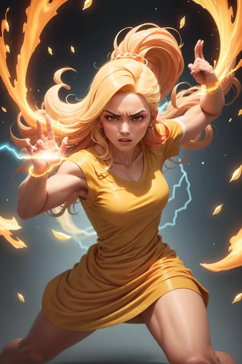 <lora:GelatoStyle:0.75>GelatoStyle:0.75, solo, masterpiece, best quality, perfect face, medium shot of a South Asian woman with a toned body. As a Shadow dancer with straight hair:0.75 natural blonde hair with Orange streaks, (surrounded by intense swirling magical energy:1.2), dominant and intimidating, Mustard colored clothes, intricate and elegant, colorful, vivid, fighting stance