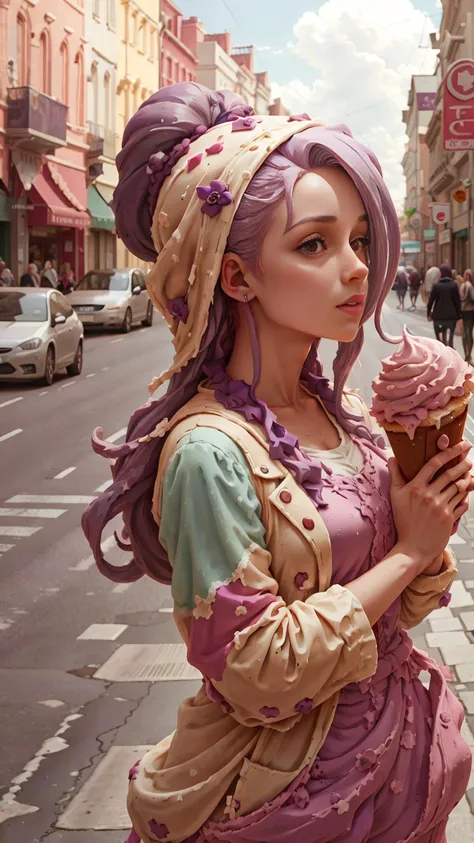 street art GelatoStyle:0.9 <lora:GelatoStyle:1.0> woman with Purple hair