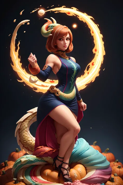 <lora:GelatoStyle:0.75>GelatoStyle:0.75, solo, masterpiece, best quality, perfect face, medium shot of a Arab woman with a sexy body. As a Dragon master with bob cut:0.75 chestnut hair with Navy streaks, (surrounded by intense swirling magical energy:1.2), dominant and intimidating, Pumpkin colored clothes, intricate and elegant, colorful, vivid, fighting stance