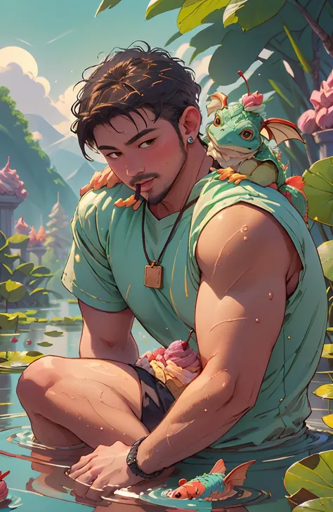 8k,highres,masterpiece,best quality,masterpiece,intricate details,shot by Hasselblad,earring,dog tags,(duo,a man behind another man,head on shoulder,mouth close to ear,whisper:1.4),GelatoStyle shirts,GelatoStyle panties,musclebears,fat body,handsome,muscular,sit,bare foot,lotus pond,dragonflies,frogs,koi fish,tropical,golden hour,summer,GelatoStyle castel on background,<lora:mnemic-GelatoStyle:1>,<lora:AsianMaleRG:0.5>,