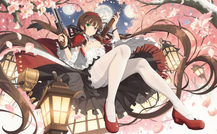 masterpiece, best quality, ryoubi (senran kagura), heterochromia, twintails, blue eyes, green eyes, small breasts, white background, simple background, 1girl, long hair, solo, brown hair, weapon, gun, very long hair, moon, petals, (white pantyhose:1.2), green eyes, cherry blossoms, full moon, twintails, night, hairband, ribbon, rifle, holding, frills, red footwear, white pantyhose, hair ribbon, skirt, holding weapon, shoes, capelet, dress, holding gun, lantern, black skirt, looking at viewer,  <lora:Ryoubi_senran kagura-000012:0.8> <lora:Senran_kagura_style:0.2>