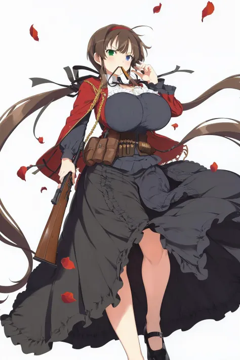 masterpiece, best quality, ryoubi (senran kagura), heterochromia, twintails, blue eyes, green eyes, huge breasts, white background, (simple background:1.2), 1girl, solo, weapon, long hair, heterochromia, gun, brown hair, bullet, blue eyes, very long hair, hairband, green eyes, twintails,black long skirt, petals, rifle, ribbon, cartridge, dress, hair ribbon, shoes, mouth hold<lora:Ryoubi_senran kagura-000012:0.8> <lora:Senran_kagura_style:0.2>