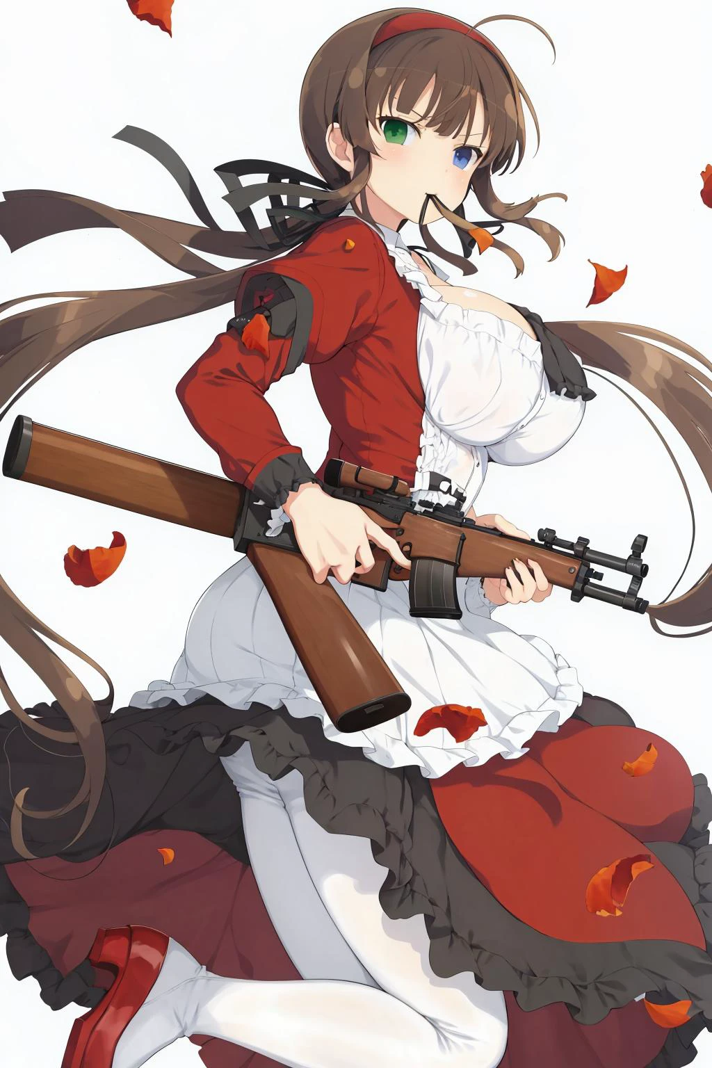 masterpiece, best quality, ryoubi (senran kagura), heterochromia, twintails, blue eyes, green eyes, huge breasts, white background, (simple background:1.2), 1girl, solo, weapon, long hair, heterochromia, gun, brown hair, bullet, blue eyes, very long hair, hairband, green eyes, twintails,black long skirt, petals, rifle, ribbon, cartridge, dress, hair ribbon, shoes, mouth hold, from side, looking at viewer, white pantyhose, red footwear, <lora:Ryoubi_senran kagura-000012:0.8> <lora:Senran_kagura_style:0.2>