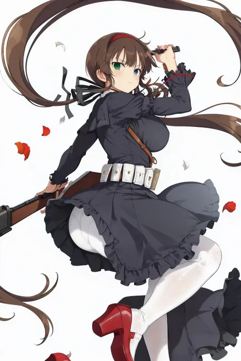 masterpiece, best quality, ryoubi (senran kagura), heterochromia, twintails, blue eyes, green eyes, huge breasts, white background, (simple background:1.2), 1girl, solo, weapon, long hair, heterochromia, gun, brown hair, bullet, blue eyes, very long hair, hairband, green eyes, twintails,black long skirt, petals, rifle, ribbon, cartridge, dress, hair ribbon, shoes, from side, looking at viewer, white pantyhose, red footwear, <lora:Ryoubi_senran kagura-000012:0.8> <lora:Senran_kagura_style:0.2>