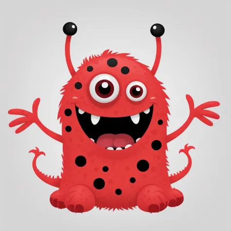 cute monster spinning, red skin, black spots,2 arms, (1 eye stock:1.3),6 teeth, sticking tongue out, drawing, illustration, <lora:CuteMonsters:.7>