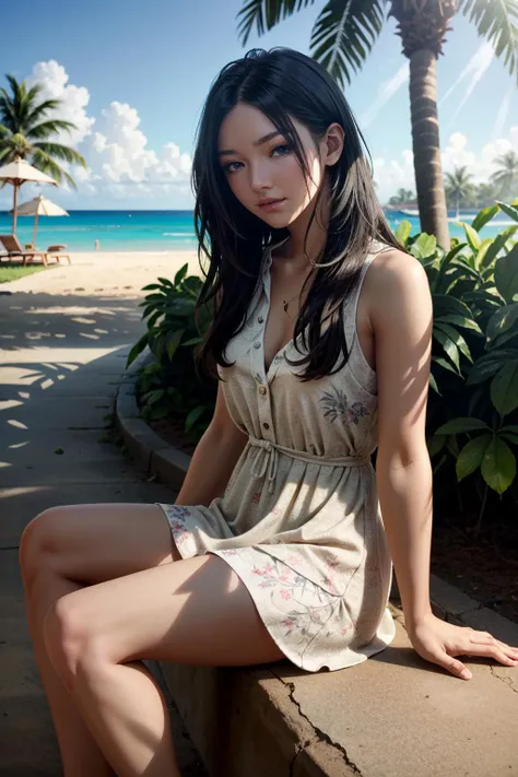 ((最high quality, 8K, masterpiece: 1.3, Ultra HD, high quality, 最high quality, High resolution, realism)) 、A stunningly beautiful 22-year-old Japanese woman、hair color is black、black eye、medium hair、straight hair、smile、Slender but well-proportioned, slim and muscular body、Athlete-like body type、I don't want my head to disappear from the screen.、Wearing red nail polish、I have a peticure、Sitting on the veranda of a Japanese house in the Japanese countryside、It's summer、A wind chime is hung in front of the eaves.、barefoot、Eating watermelon、A courtyard spreads out in front of the verandah.、wear a yukata、I can see her cleavage、A glimpse of the areola