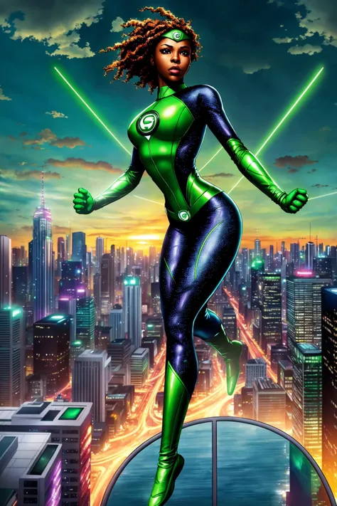 RosalineNobodySD15 as black female green lantern super hero flying modern city background beautiful cloudy sky
(masterpiece:1.4) (best quality:1.4) (8k) (HDR) (wallpaper) (cinematic lighting) (sharp focus) (intricate) <lora:jimLeeDCComicsMarvel_offset:0.6>