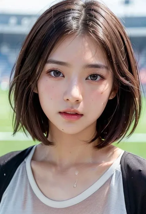 masterpiece, ((best quality)), ((highly detailed)), ((detailed eyes, deep eyes)), ((1girl:1.2,solo:1.2)), Very beautiful asian, colorful, Bright_front_face_Lighting, (masterpiece:1.0), (best_quality:1.0), ultra high res, 4k, ultra-detailed, 8k, HDR, highres, absurdres:1.2, kodak portra400, ((half body shot:1.2)), (Brown Eyes:1.2), medium messy hair, short, <lora:short:0.4> soccer jersey , Outdoor Stadium Background, (have one's face covered with sweat), wet face,