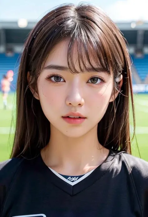 masterpiece, ((best quality)), ((highly detailed)), ((detailed eyes, deep eyes)), ((1girl:1.2,solo:1.2)), Very beautiful asian, colorful, Bright_front_face_Lighting, (masterpiece:1.0), (best_quality:1.0), ultra high res, 4k, ultra-detailed, 8k, HDR, highres, absurdres:1.2, kodak portra400, ((half body shot:1.2)), (Brown Eyes:1.2), messy hair, short, <lora:short:0.4> soccer jersey , Outdoor Stadium Background, (have one's face covered with sweat),