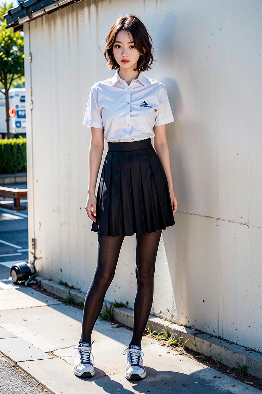 A woman in a skirt and shirt standing on a sidewalk - SeaArt AI