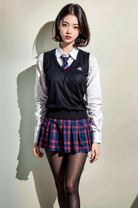 best quality, masterpiece, extremely detailed, high res, 4k, ultra high res, detailed shadow, ultra realistic, realistic, dramatic lighting, film grain,
1girl, 19 years old korean idol, realistic eyes, realistic skin, small breasts, light smile, parted lips, short hair,
school uniform, collared shirt, white shirt, pantyhose, sneakers, long sleeves, plaid skirt, sweater vest,
outdoors, against wall, thigh gap,
looking at viewer, standing,
