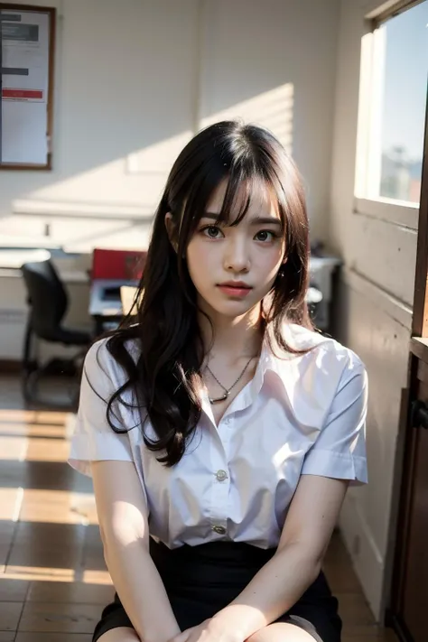 {2-3$$(film grain:0.9)|(vhs video:0.8)|({old|} analog film photography:0.8)|chromatic aberration}
1girl, (young),(no make-up) ,(round face), ((mouth close)),
look at viewer, detailed eyes,
realistic, classroom, sitting on chair ,
((half body)), macro lens,
brown ponytail hair,
(MAHALAIUNIFORM), (WHITE oversize SHORT SLEEVES SHIRT ), (BLACK PENCIL SKIRT), <lora:mahalaiuniform:0.7>