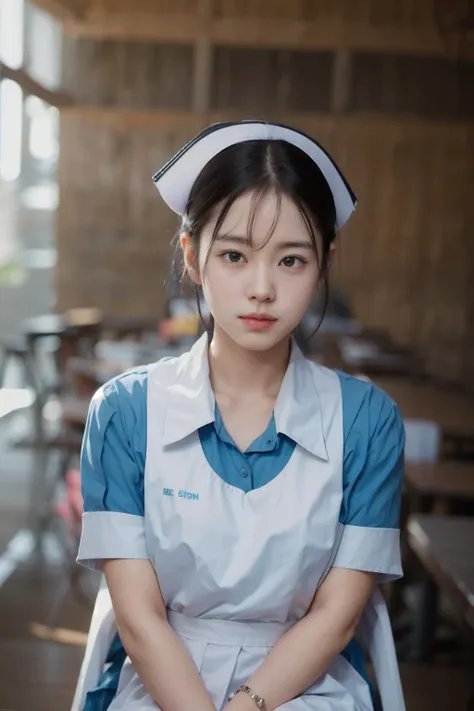 {2-3$$(film grain:0.9)|(vhs video:0.8)|({old|} analog film photography:0.8)|chromatic aberration}
1girl, (young),(no make-up) ,(round face), ((mouth close)),
look at viewer, detailed eyes,
realistic, classroom, sitting on chair ,
((half body)), macro lens,
(stu_nurse), <lora:stu_nurse:0.8>