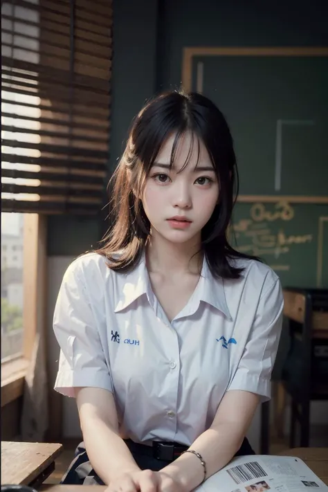 {2-3$$(film gain:0.9)|(vhs video:0.8)|({old|} analog film photography:0.8)|chromatic aberration}
1girl, (young),(no make-up) ,(round face),
look at viewer, detailed eyes,
realistic, classroom, sitting on table ,
((half body)), random pose,
white short sleeves shirt, macro lense lens, low key,
(thaistudentuniform), <lora:thai-student-uniform:0.8>