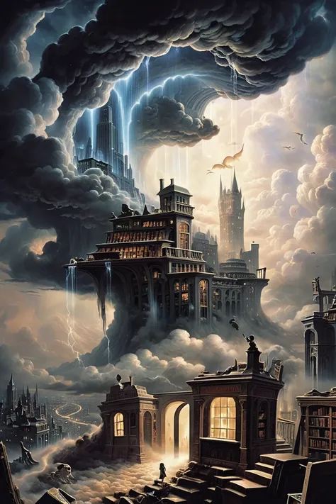 photograph, cinematic, fantasy, Vintage bookstore in a techno-pessimist,ghostly fantasy cloud city outside of reality, masterpiece<lora:EnvyBetterHiresFixXL01:0:hr=1><lora:EnvyEndOfTimeXL01:1>