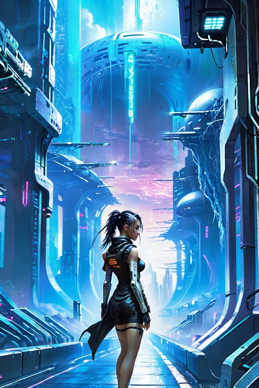 cyberpunk, <lora:EnvySendNoodzXL01:-0.5>1girl, woman, beautiful, noon, scenery, "at the Futuristic Passage"<lora:EnvyBetterHiresFixXL01:0:hr=1><lora:EnvyEndOfTimeXL01:1>